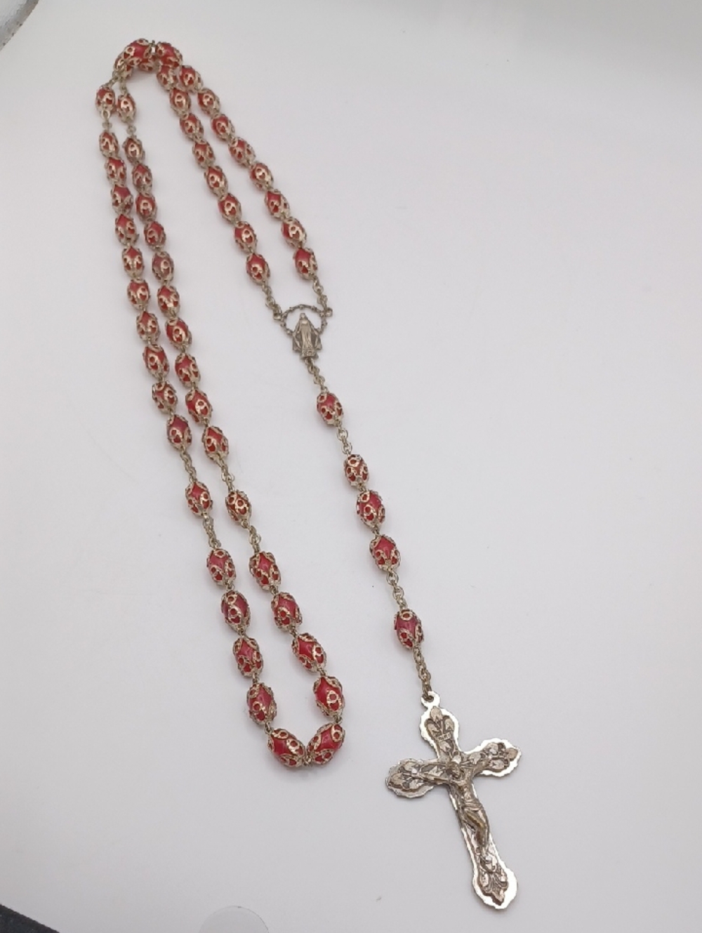 Red Rosary With Filigree Caps Necklace with Silver Tone Cross